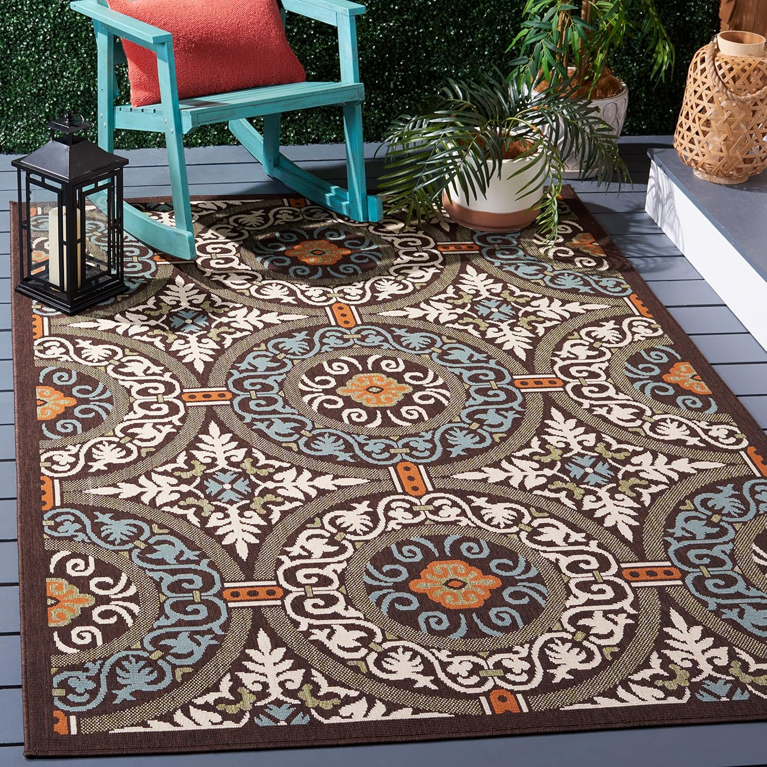 Washable Rug Outdoor Veranda Collection – 5’3″ X 7’7″, Chocolate & Aqua, Non-She
