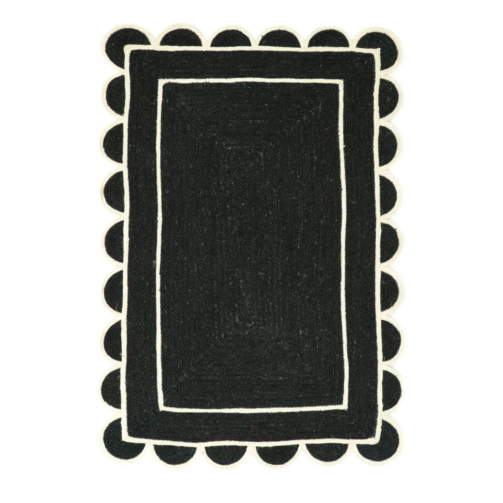 Black Scalloped Jute Rug, Home & Living Room Decor, Natural Textured Area Rug
