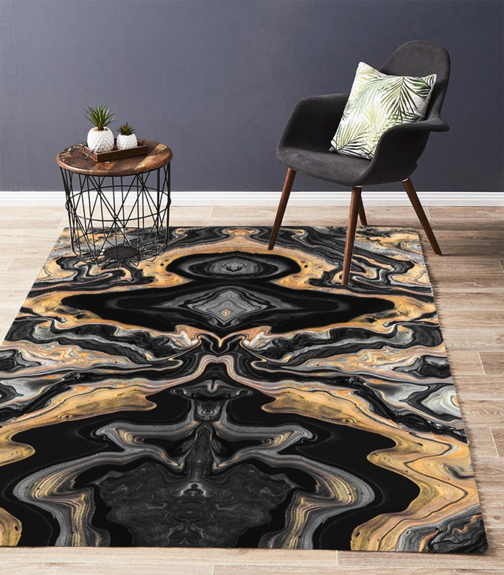 Black Gold Grey Modern Abstract Marble Texture Carpet Washable Non Shedding Rug
