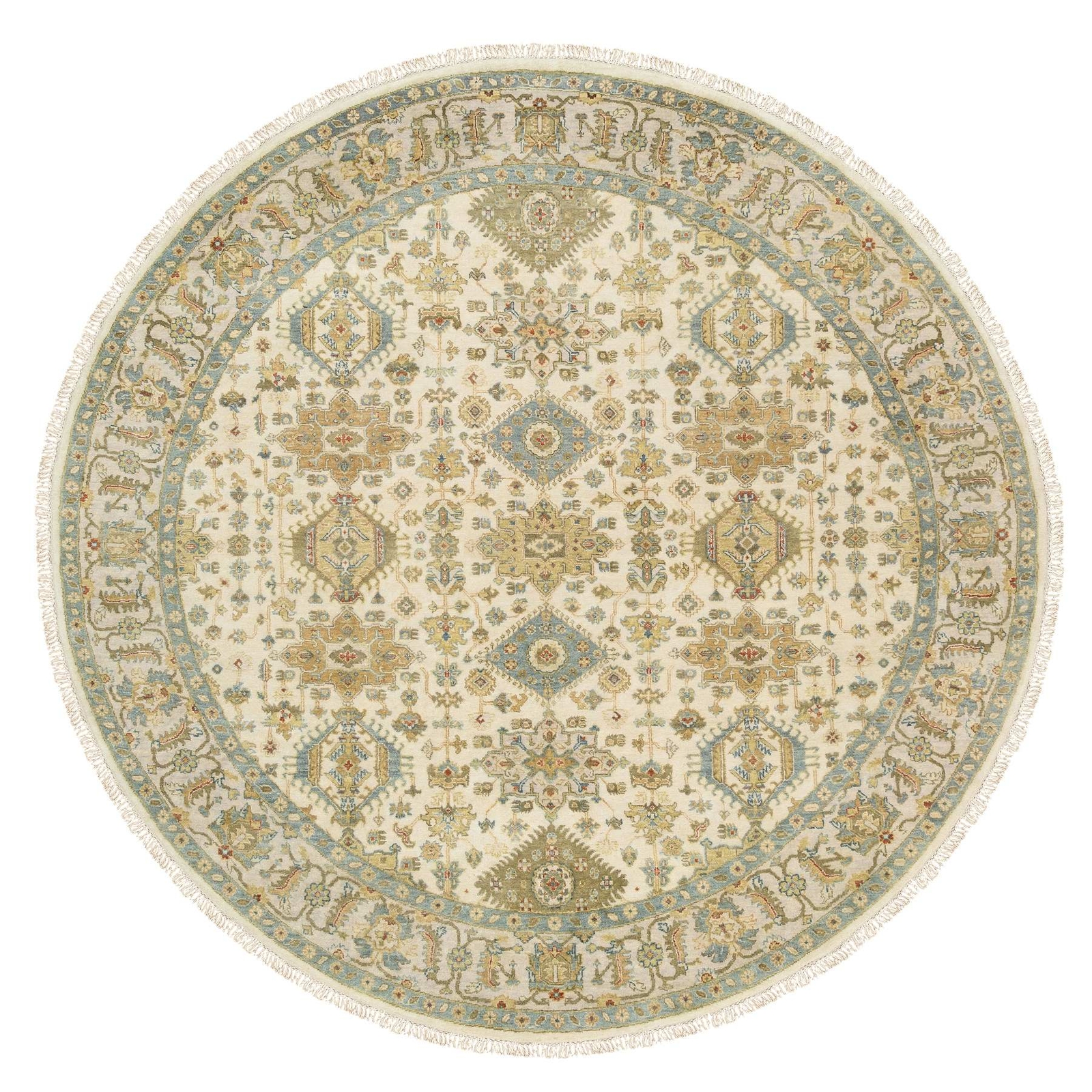 8’10″x8’10” Ivory Hand Knotted Karjihooz Design Wool Round Rug R63631