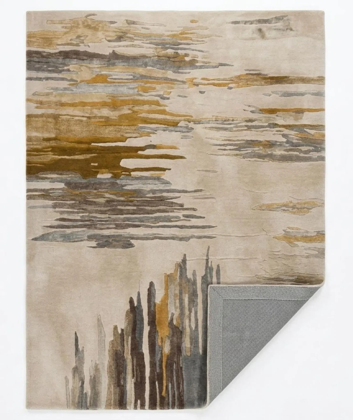 Hand Tufted Abstract Wool Area Rug: Beige Gold Grey Contemporary Carpet Modern