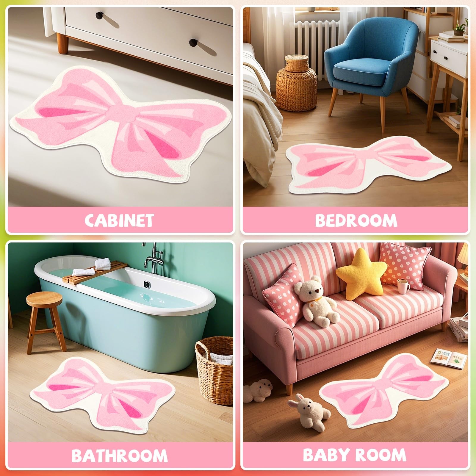 Pink Bow Bathmat Rugs Non Slip Coquette Bow Cute Aesthetic Carpet Cute Room D…