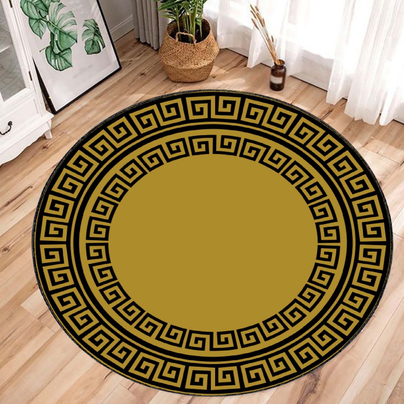 Greek Key Round Rug, Round Area Rugs, Soft Living Room Carpet, Modern Natural