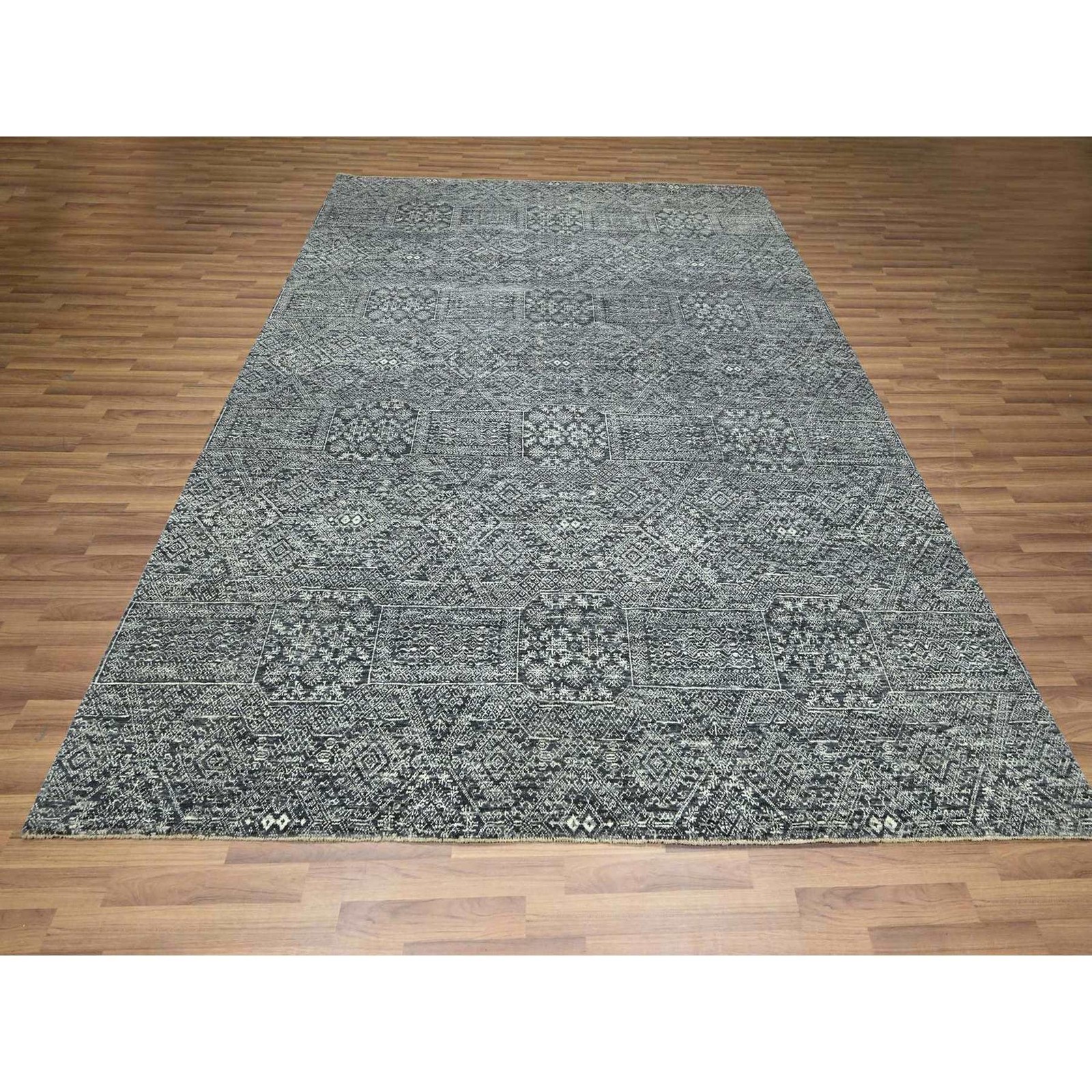 8’1″x10’1″ Gray Intricate Geometric Design Wool and Silk Hand Knotted Rug R76566