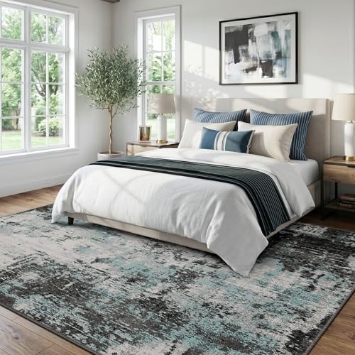 RELEANY 5’x7′ Abstract Area Rug Teal Black Washable Non-Slip Modern Low Pile