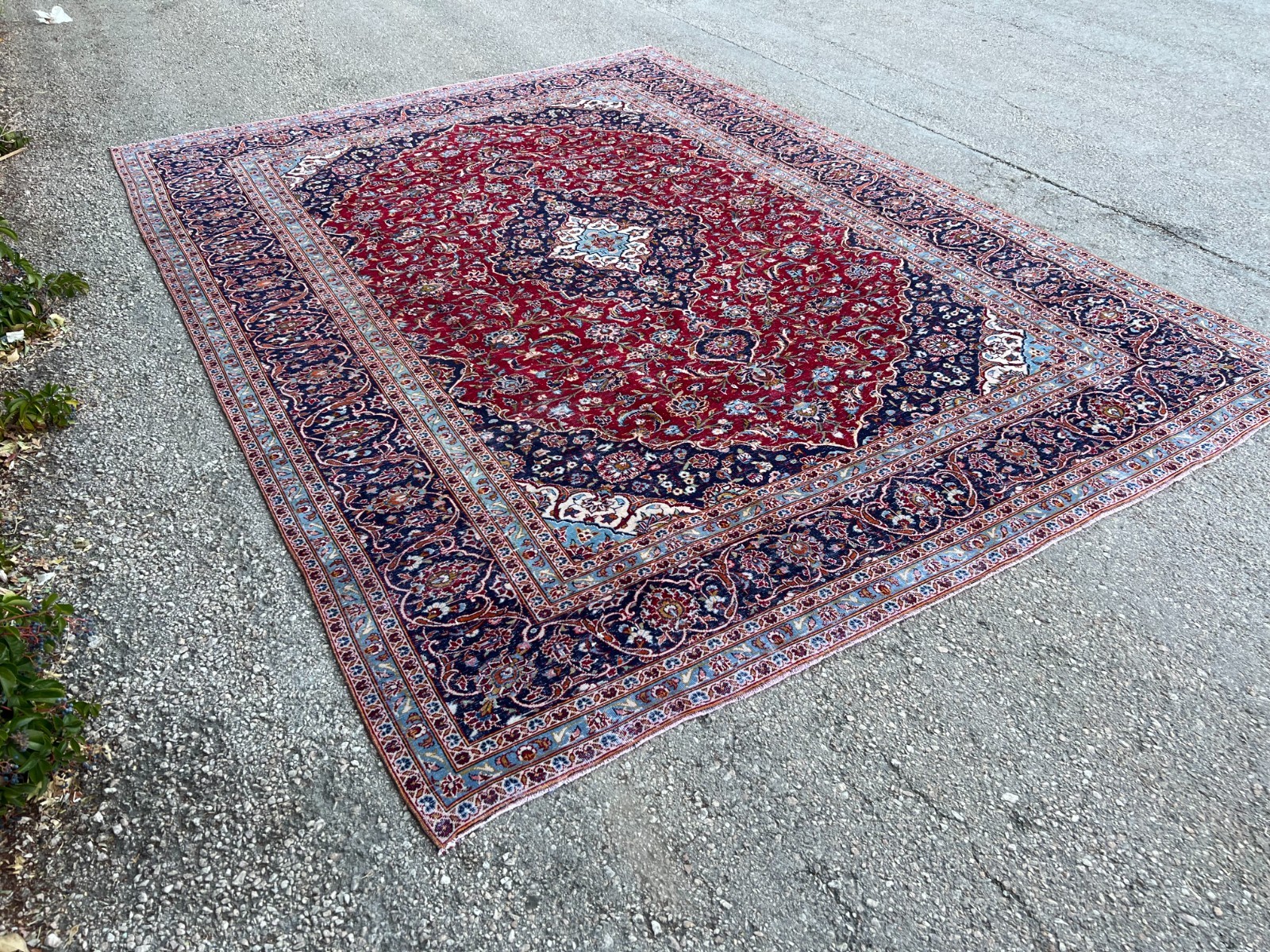10×13 Natural Wool Red Rug: Navy Bordered Hand Knotted Rug