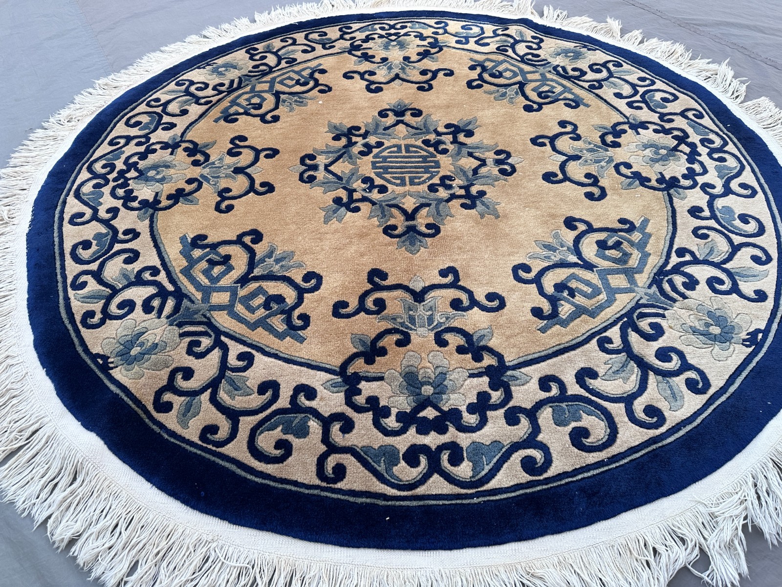 5’1 x 5’1 Elegant Round Chinese Art Deco Rug– Blue Beige Floral Decorative Piece