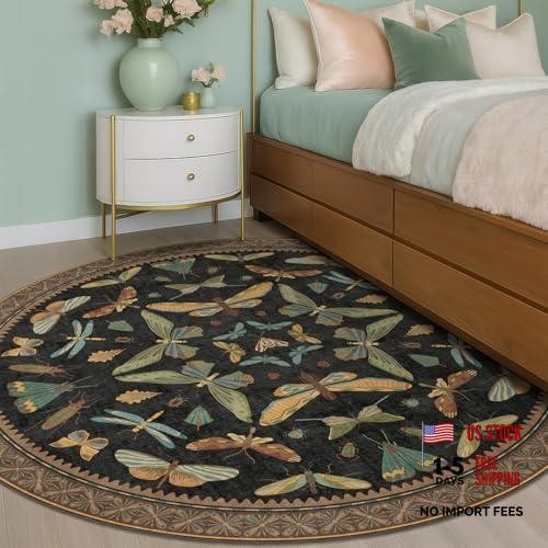 Washable Black 6ft Round Area Rugs for Bedroom Beside Bed – Dark Unique