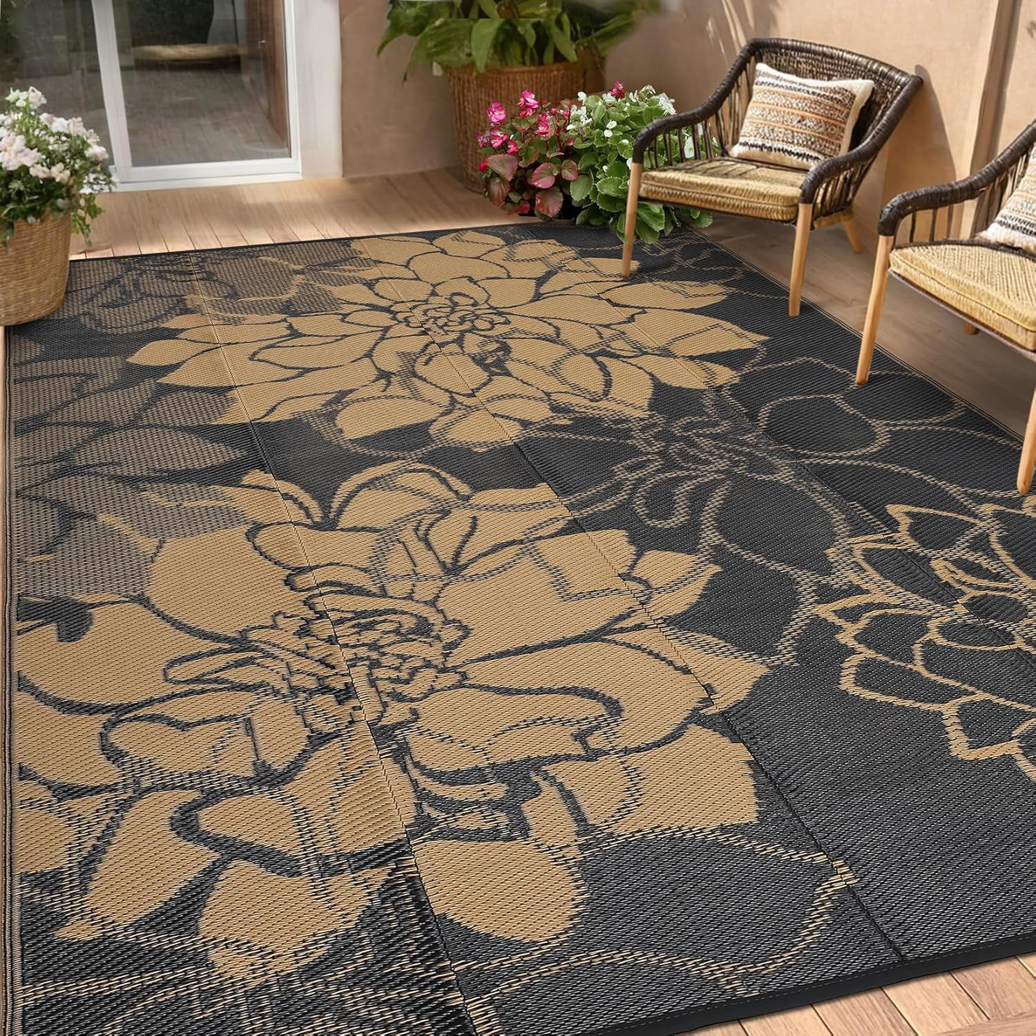 Reversible 9×12 Outdoor Rug – Waterproof Floral Patio Carpet for Garden & RV