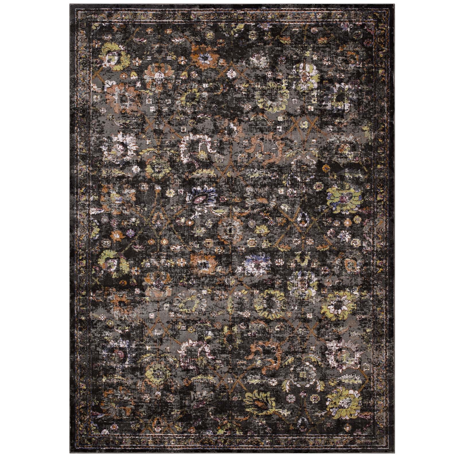 Modway Distressed Floral Lattice 4×6 Area Rug in Black, Yellow and Orange