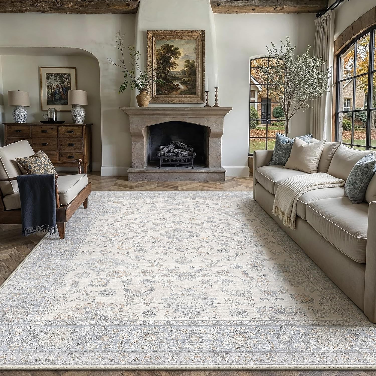 8X10 Beige Washable Neutral Area Rug Living Room Floral Non Slip Low Pile Large