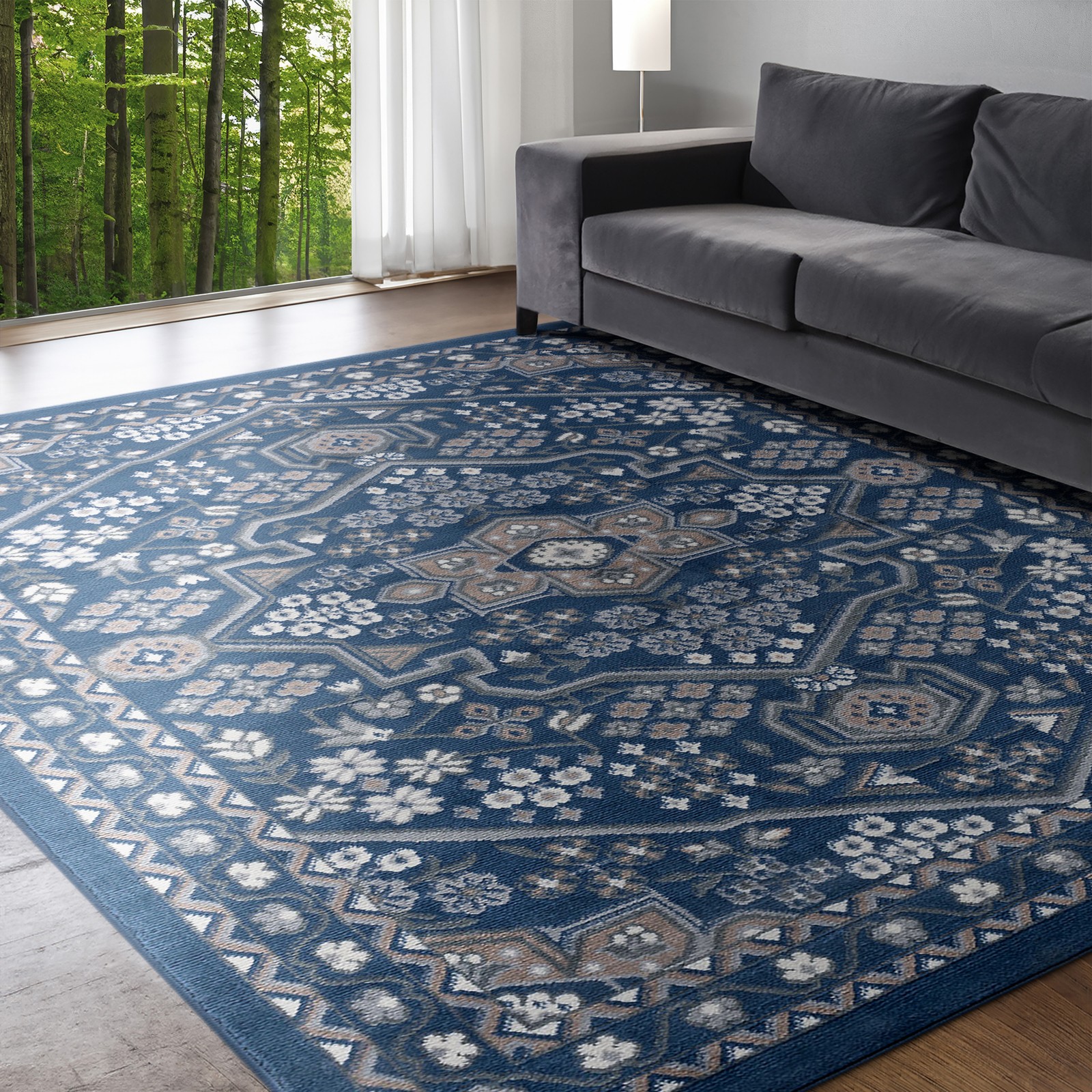 4′ x 5′ Navy & Gray Polypropylene Indoor Area Rug Traditional