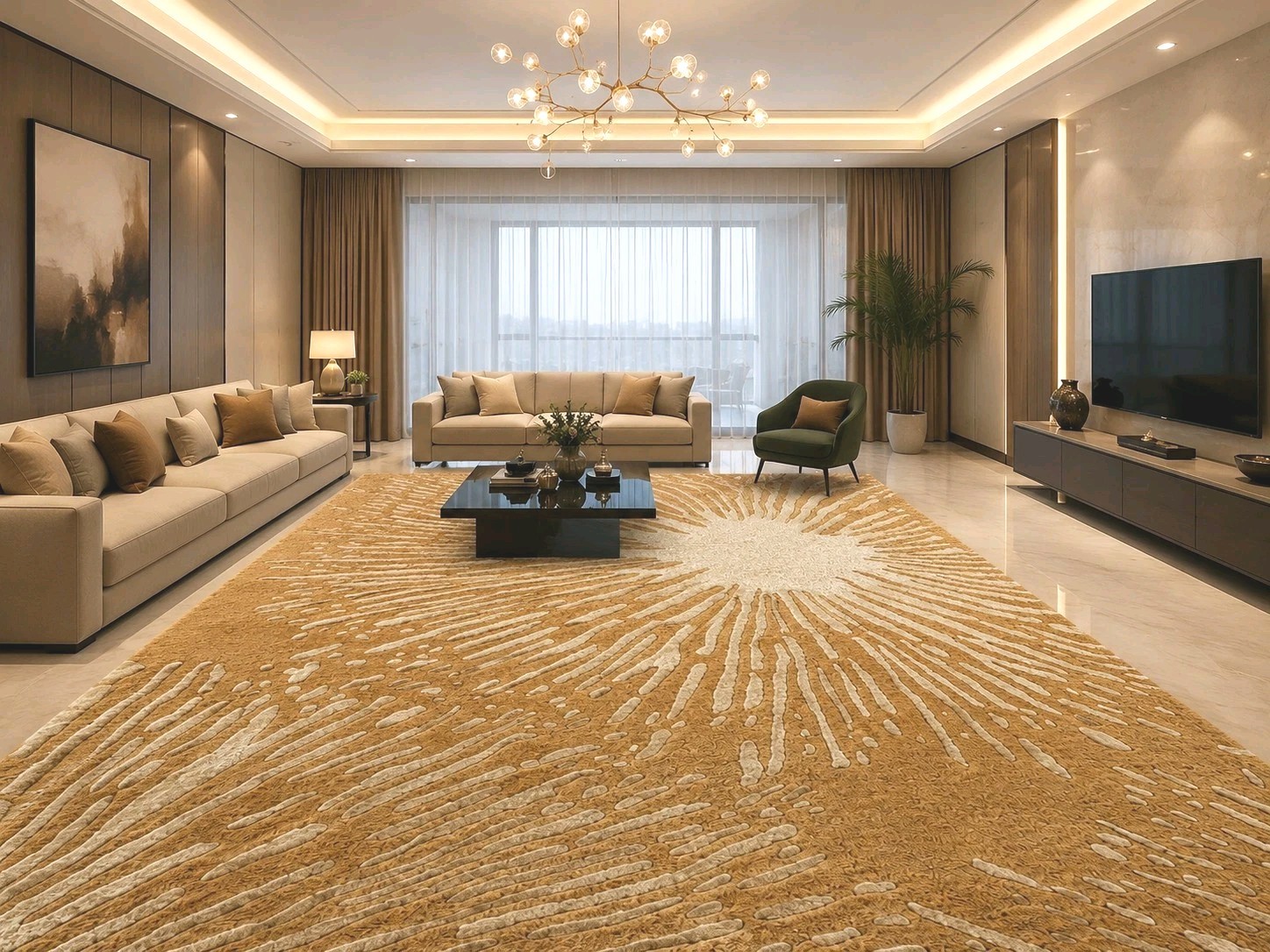 Golden Beige Hand Tufted Wool Rug Sunburst Modern Luxury Area Carpet Living Room