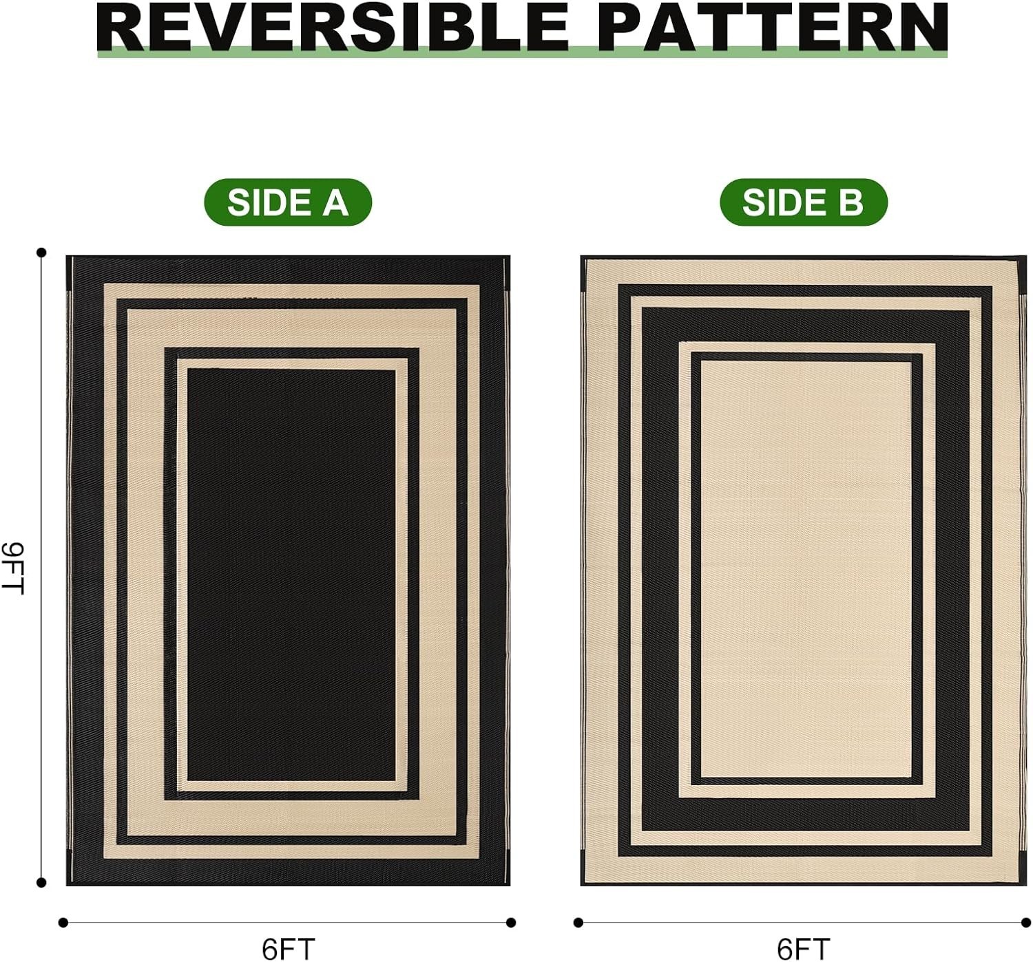 Stylish Black & Beige 6×9 Outdoor Rug – Waterproof, Reversible & Easy to Clean