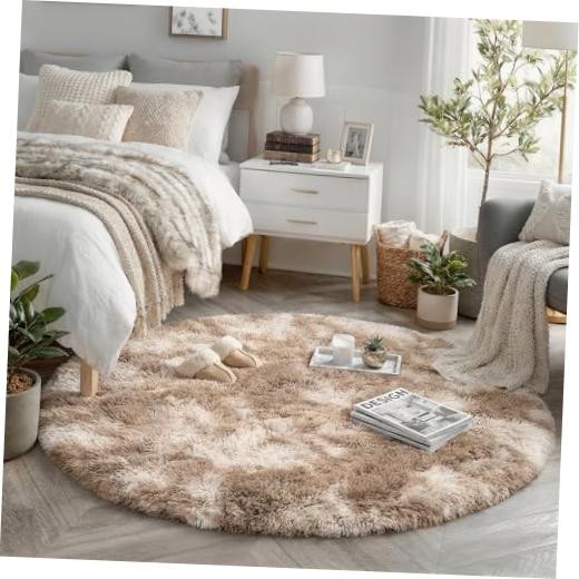 Tie-Dyed Beige Tan Round Area Rug 4Ft – Fluffy Plush Shag Furry