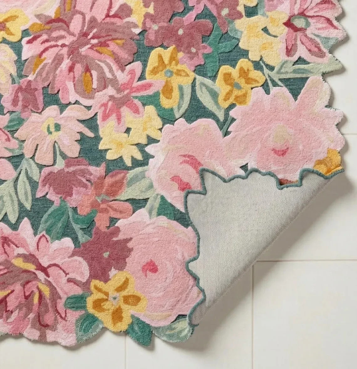 Hand Tufted Wool & Silk Area Rug, Colorful Botanical Floral Design, Boho Carpet