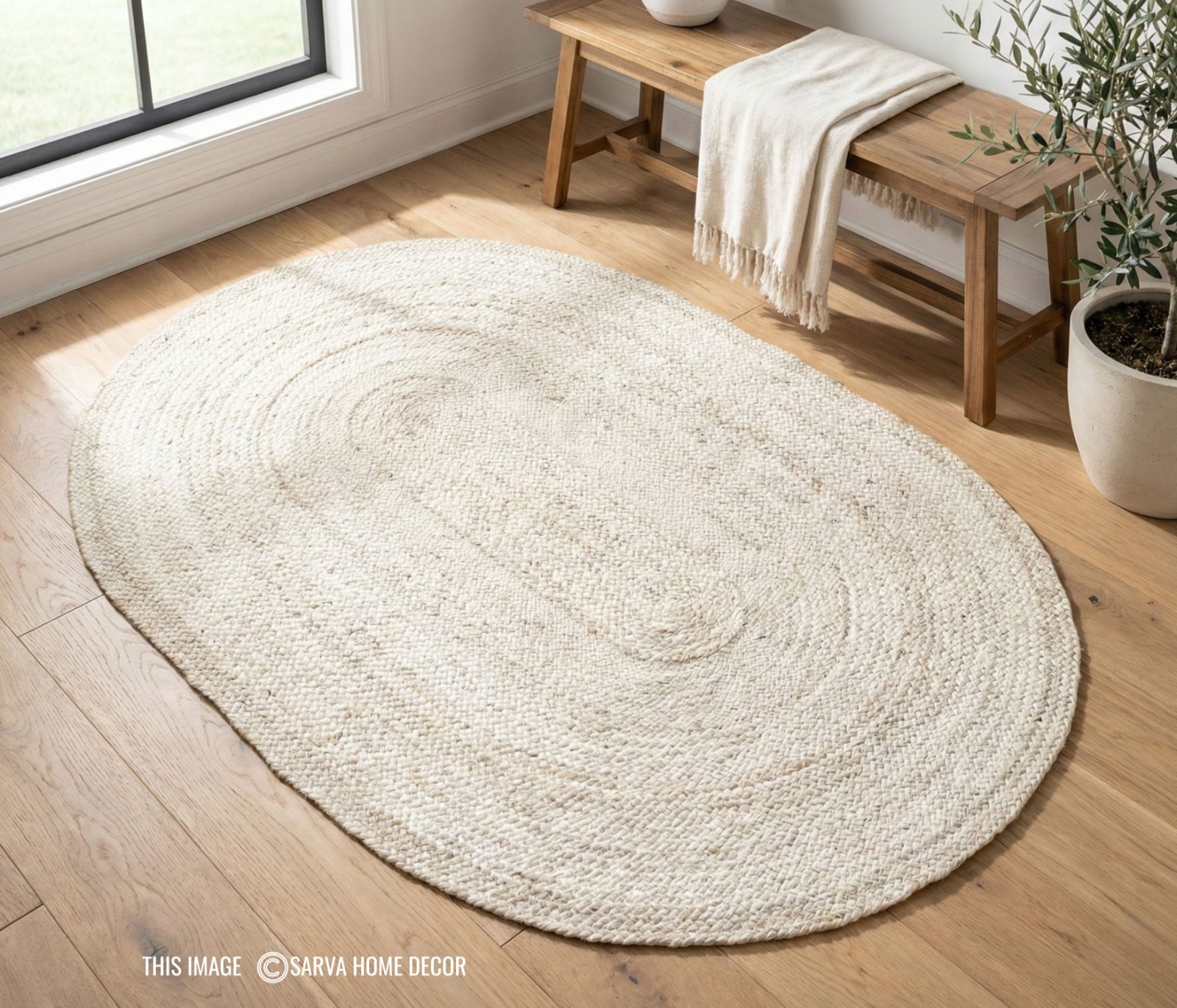 Ivory Off White Oval Jute Rug | Handwoven Natural jute Boho Area Rug runner