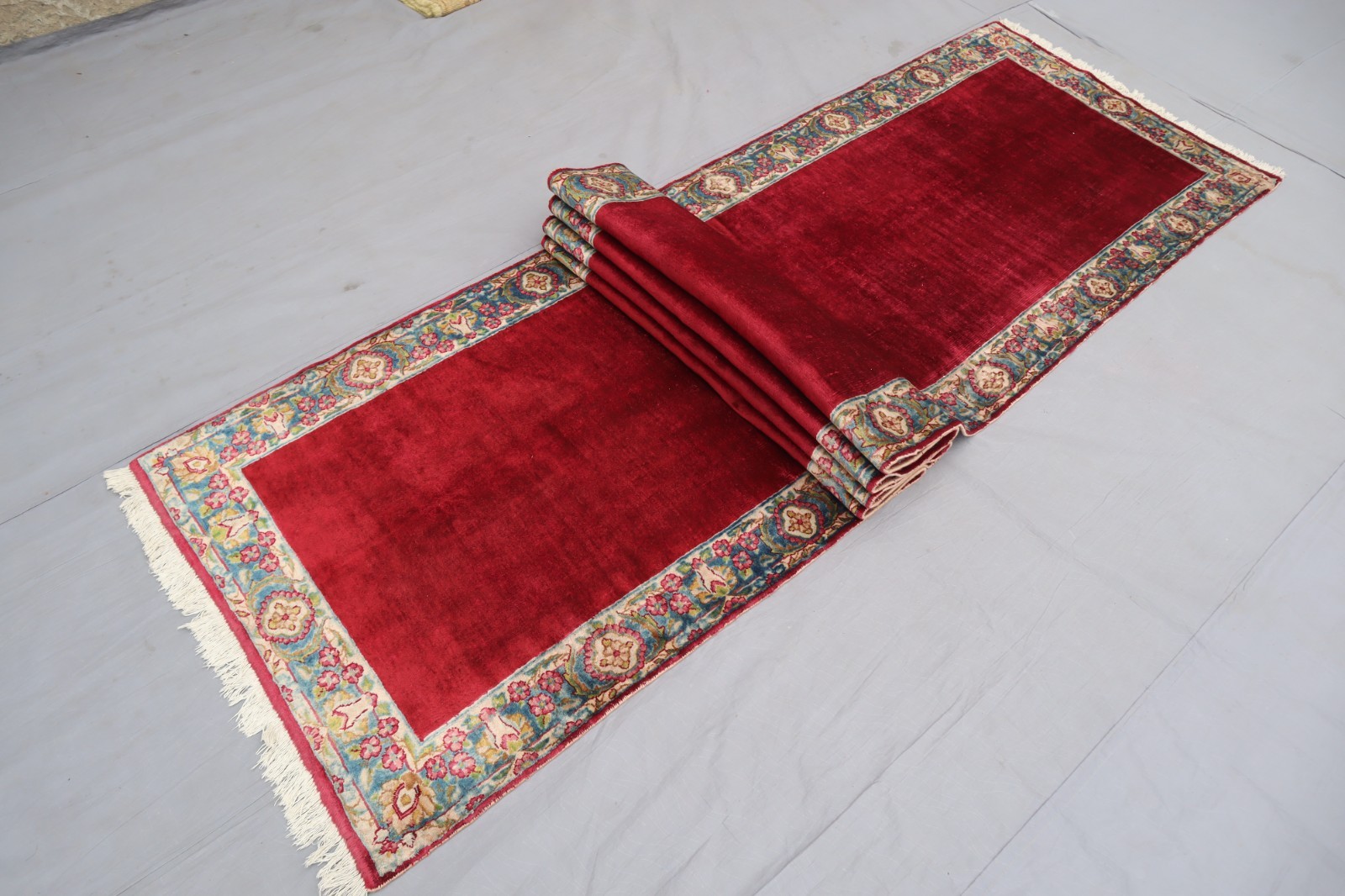 1960s Antique 3×14 ft Red Blue Afghan Handmade Low Pile Caucasian Runner Rug