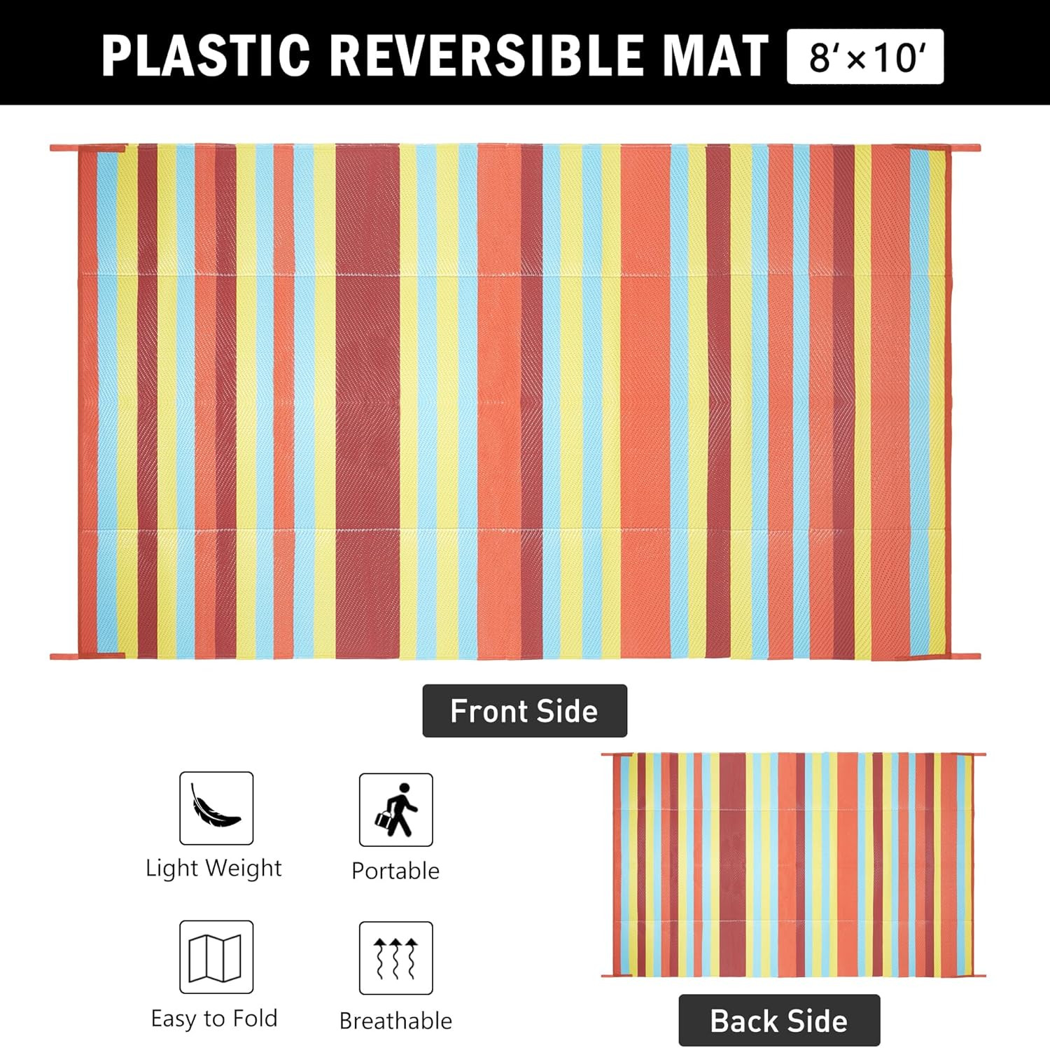 Reversible Waterproof Outdoor Rug 8’X10′ – Rainbow Stripe for Camping & More