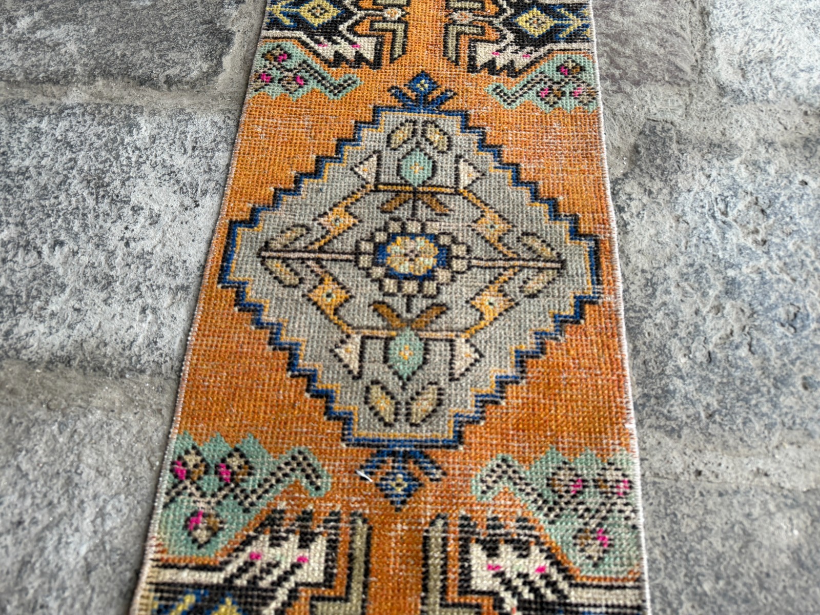 Vintage Oushak Rug 1.2×3.1 ft Burnt Orange Grey Turkish Small Accent Rug