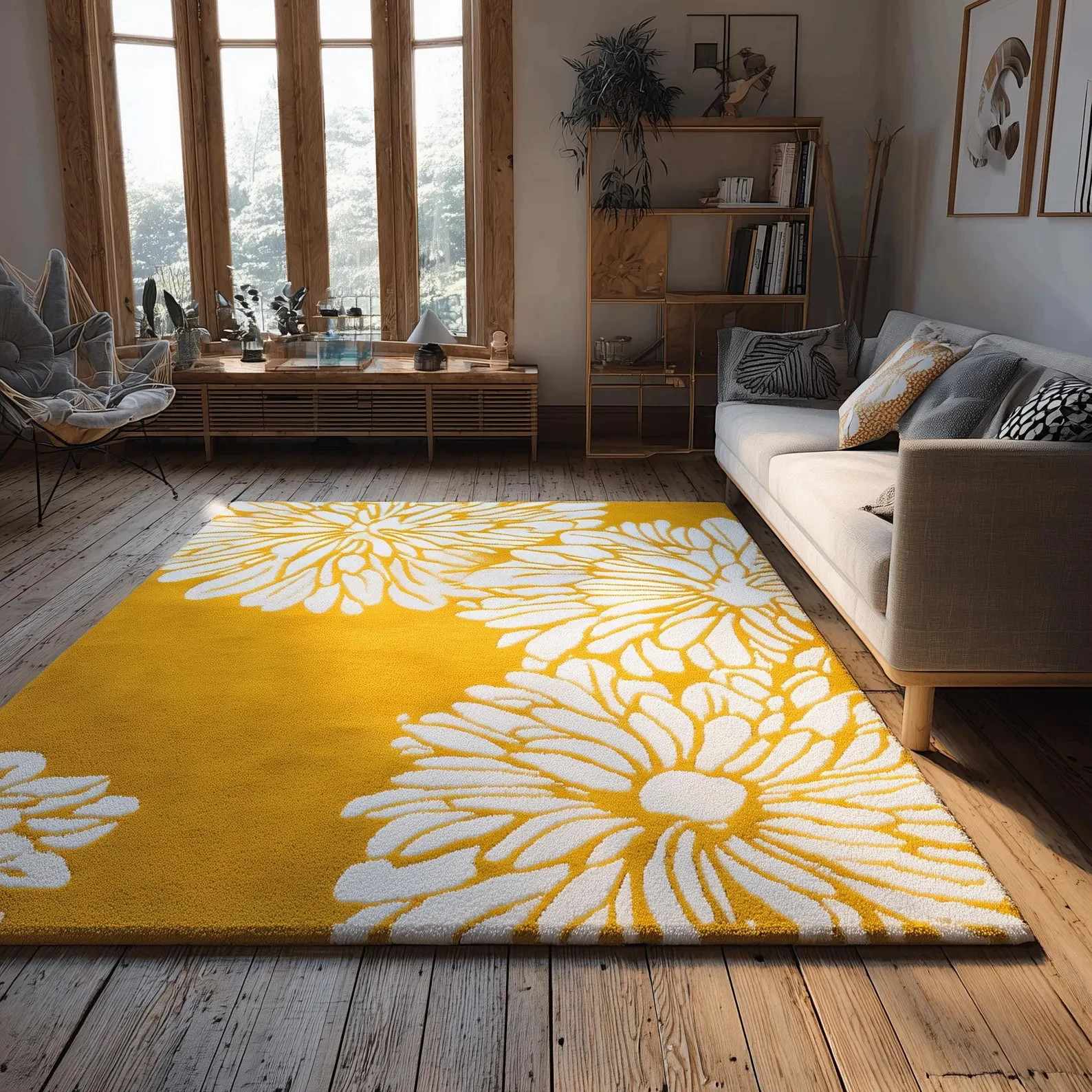 Yellow Floral Area Rug – Modern White Daisy Pattern Statement Rug Teppich