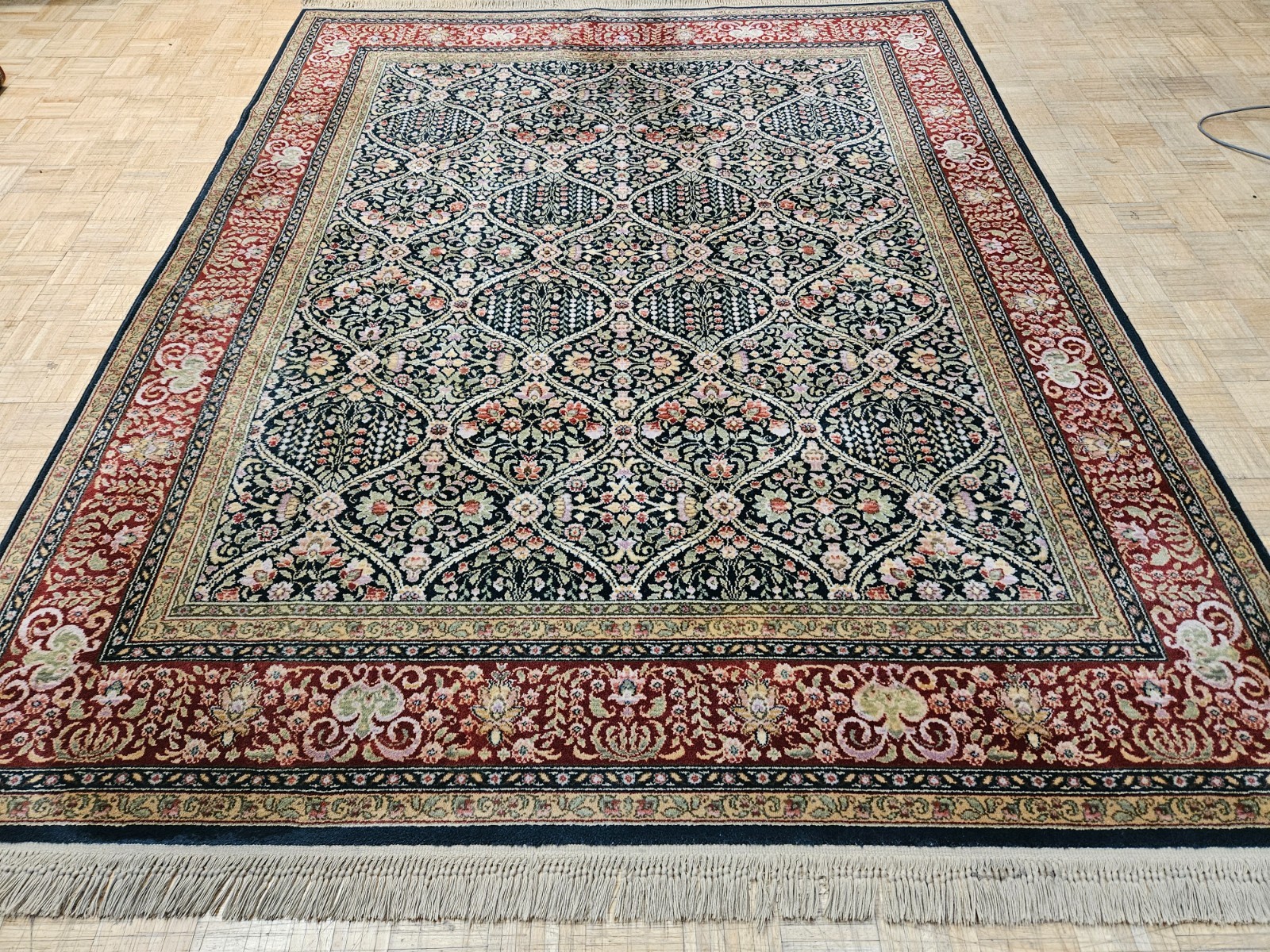 8.8×10.6 KARASTAN NAVY PANEL KIRMAN 700 705 100% WOOL RUG EXCELLENT!