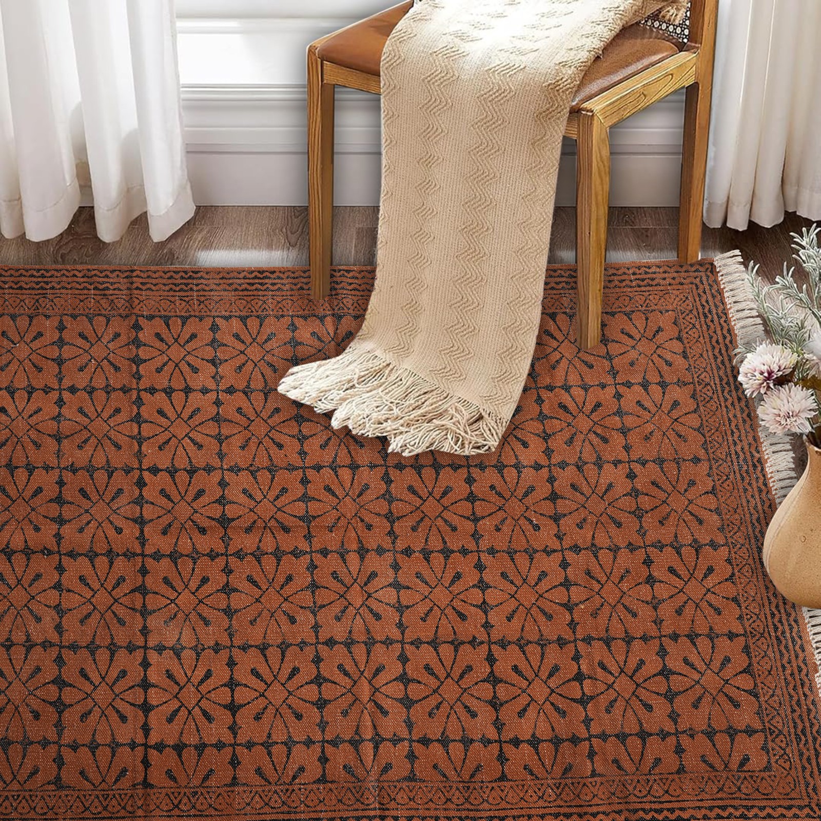 Dark Brown & Black Handmade Floral Design Rugs India Hand Block Printed Rugs