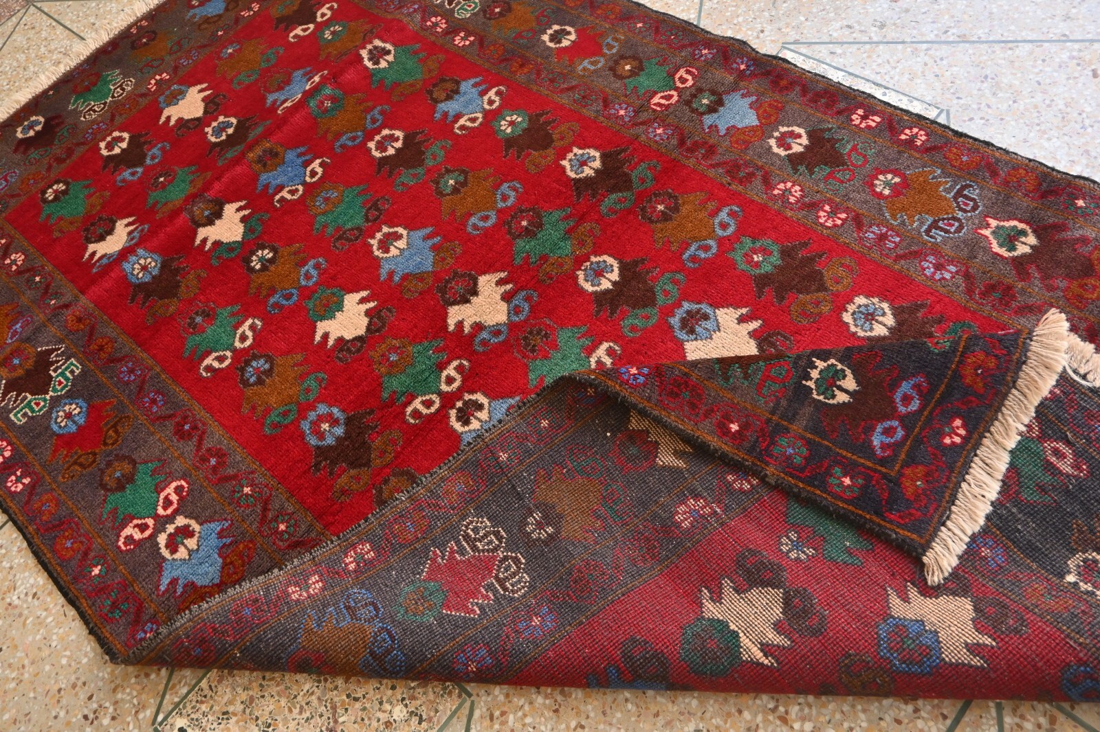 Hand-knotted Red Tribal Oriental Vintage Rug. Traditional Geometric 6’5×3’8 ft