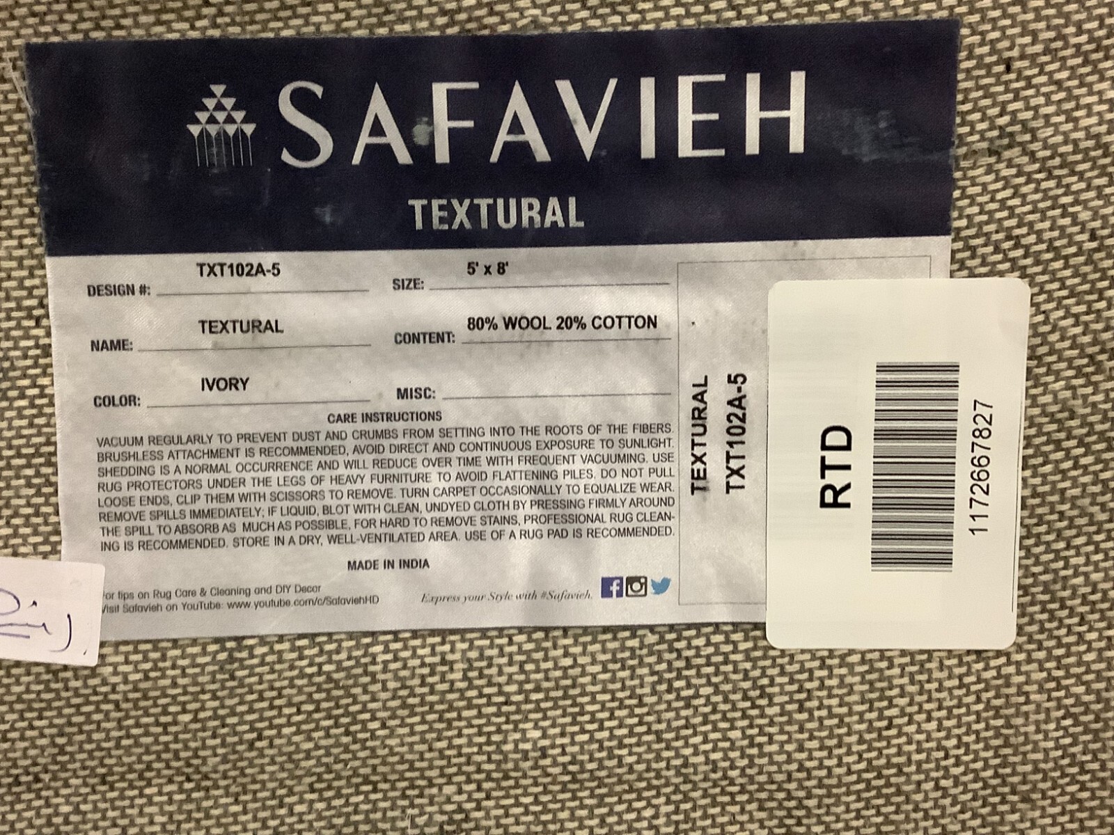 IVORY 5′ X 8′ Flaw in Rug, Reduced Price 1172667827 TXT102A-5