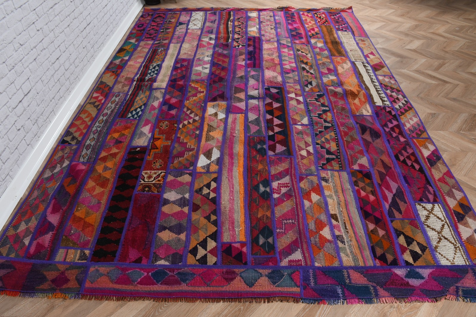 Vintage Turkish Rug, Large 6,8×10,1 ft Rug, Purple Polka dot Wool Rug