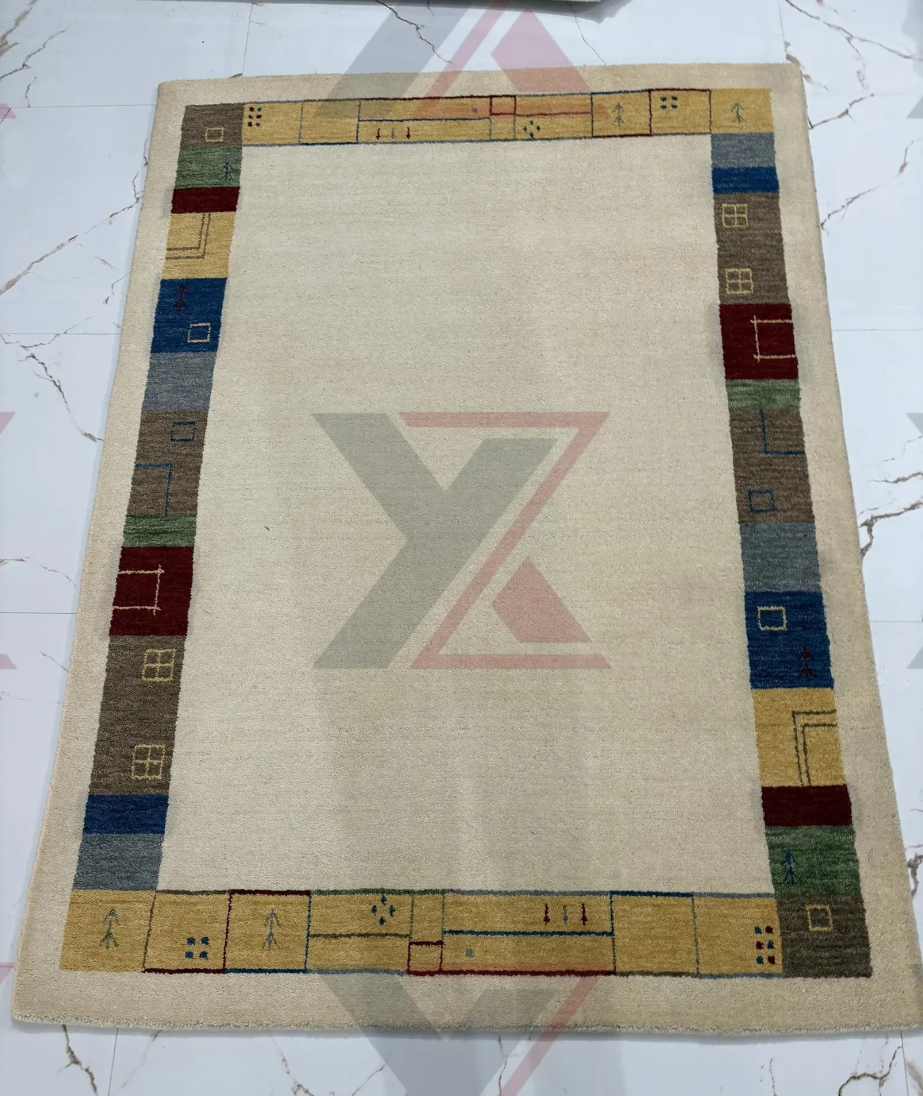 Handloom Modern Gabbeh Rug – Vibrant Color-Block Border – Ivory & Multicolor