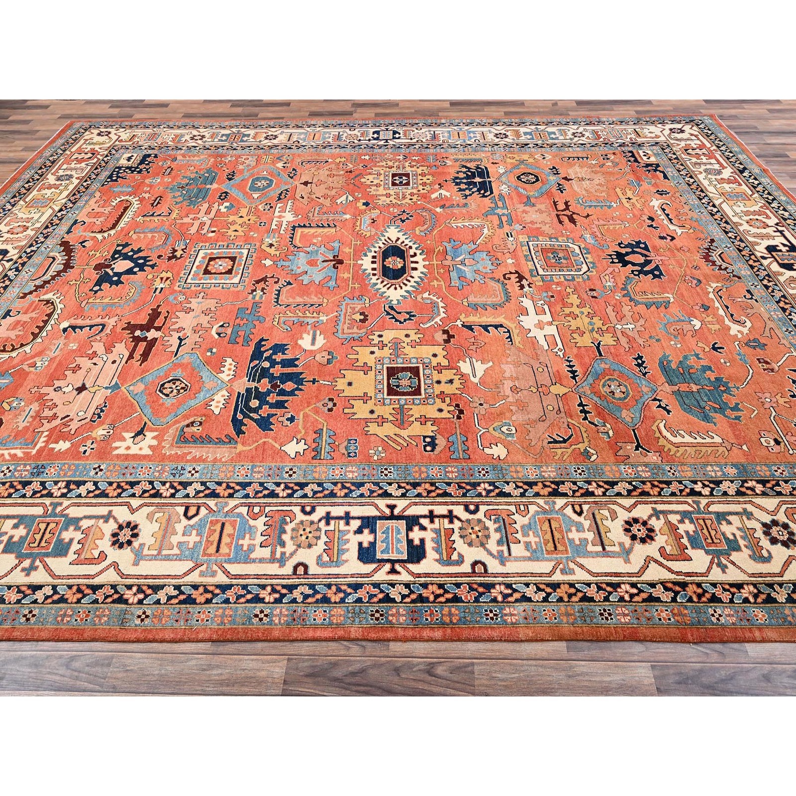 12’x15’9″ Coral Peshawar Heris All Over Design Hand Knotted Wool XL Rug 1967