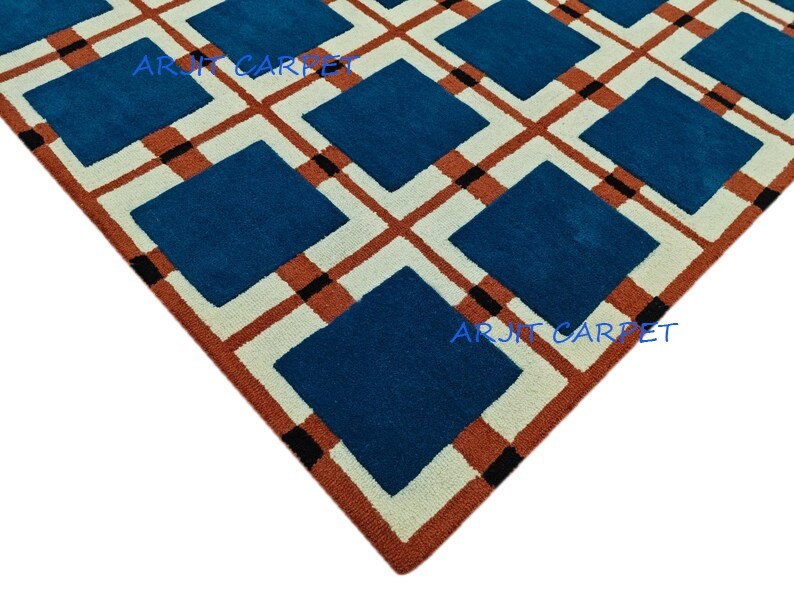 Modern Geometric Hand-Tufted Wool Rug – Bold Grid Pattern Area Living Room
