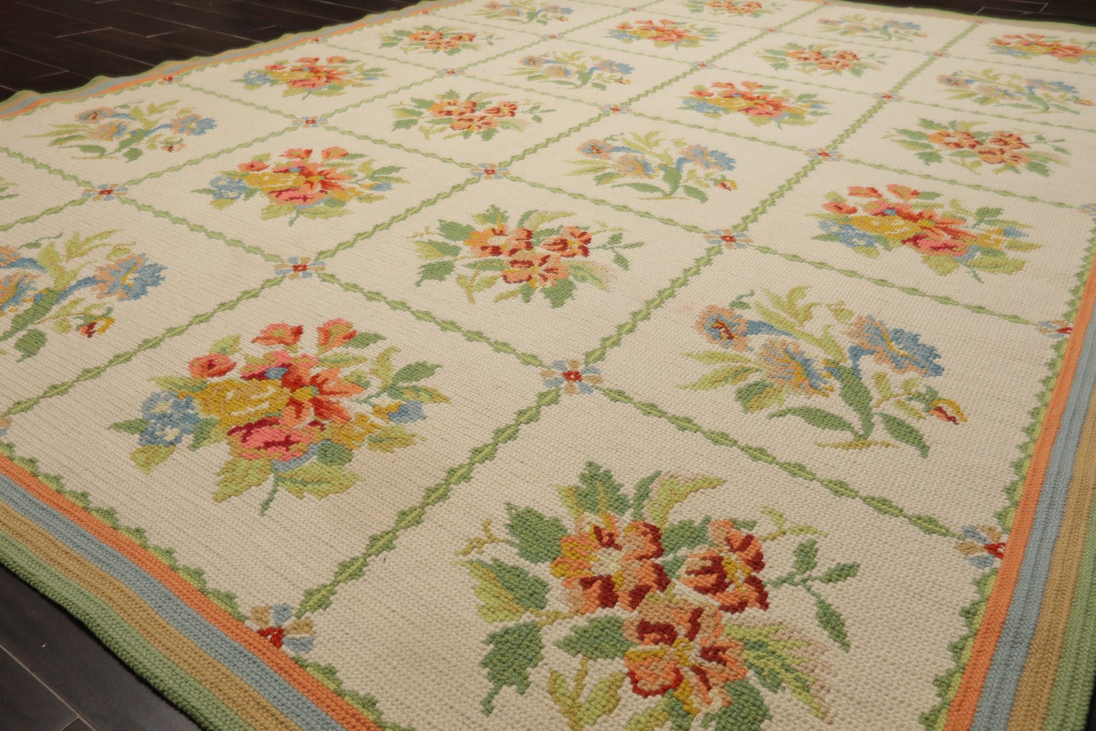 6×9 Hand Woven Wool Ivory French Needlepoint Flatweave Traditional Floral Rug
