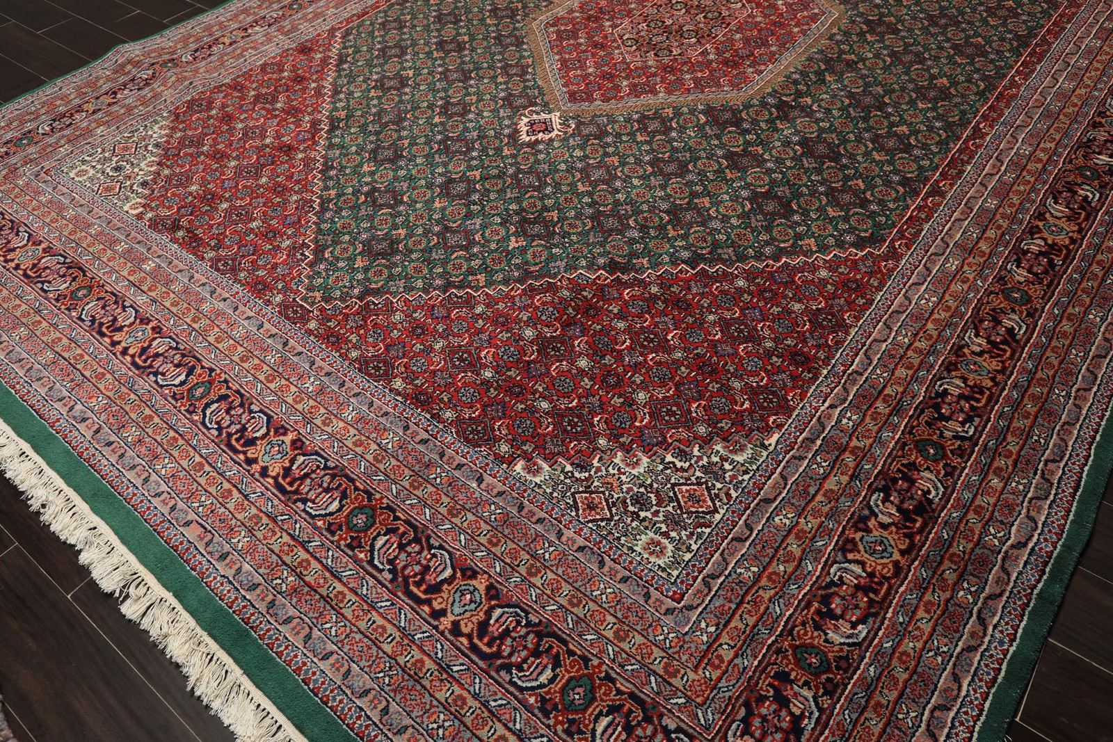 9’6″x14’5″ Hand Knotted Wool Green Tabrizz Traditional Medallion Plush Pile Rug