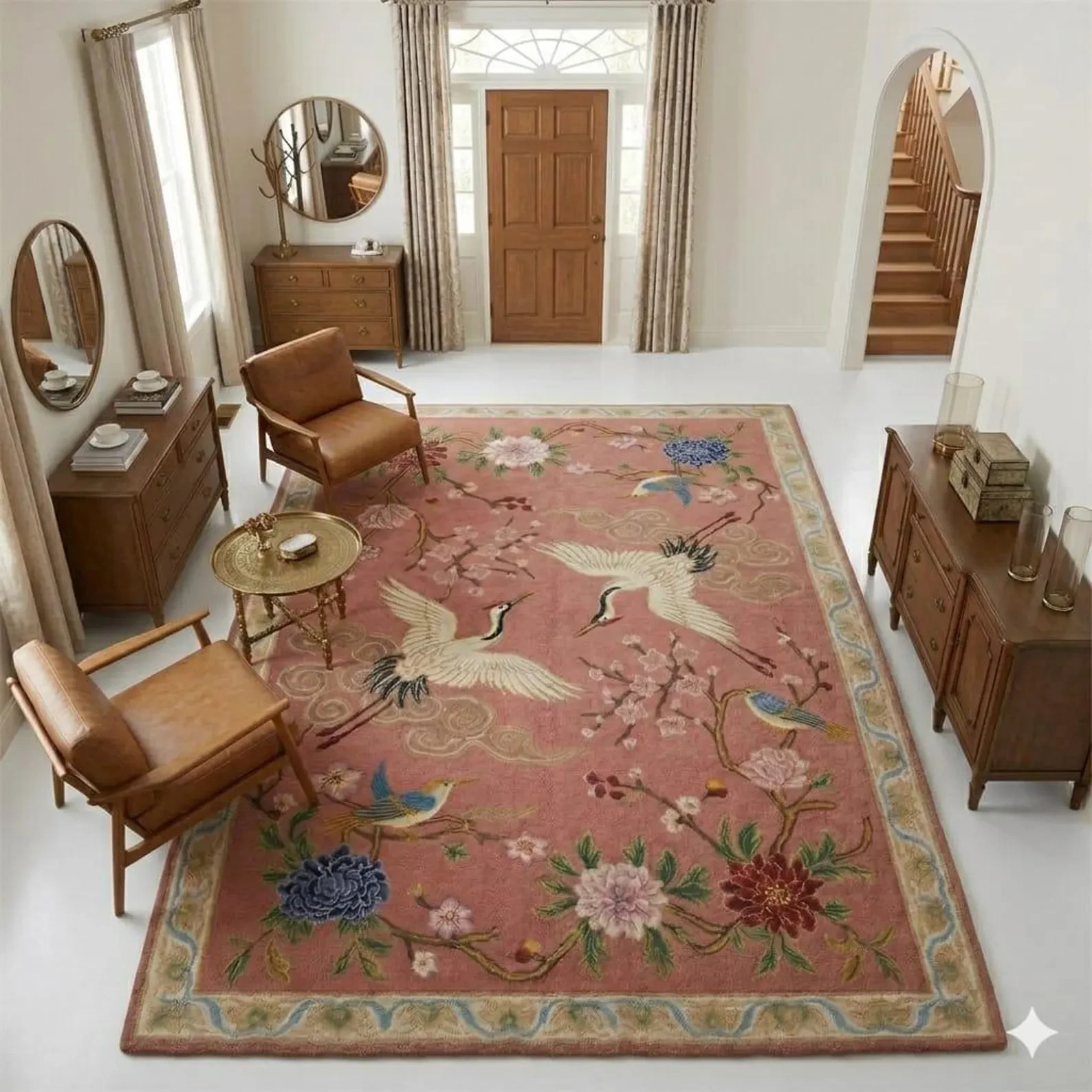 Pink Crane hand Tufted Rug, Chinoiserie Area Rug, Handmade Floral Bird Rug,