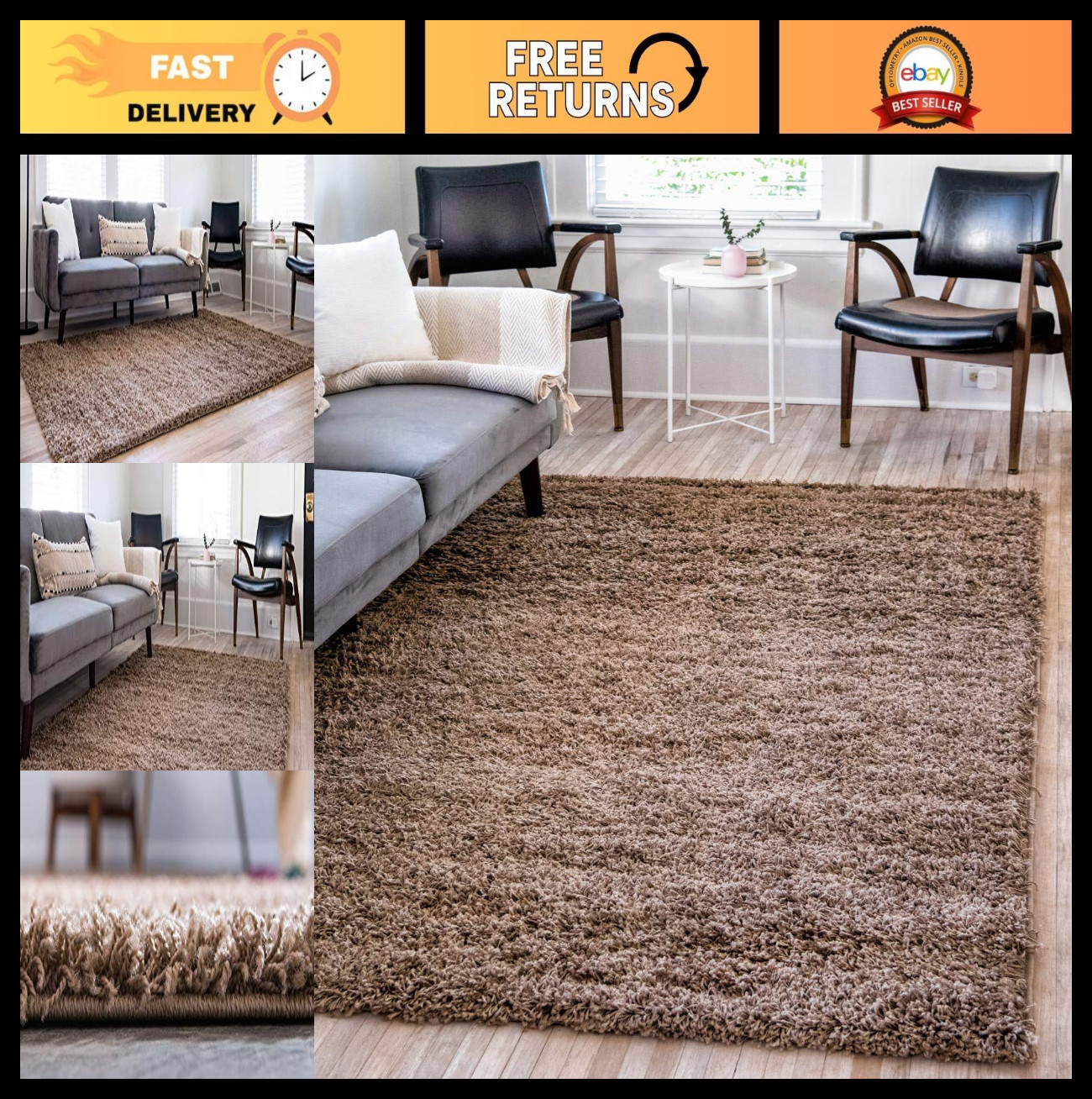 Soft Shag Area Rug 8′ x 10′ Rectangle – Cozy Sandy Brown for Living Room Decor
