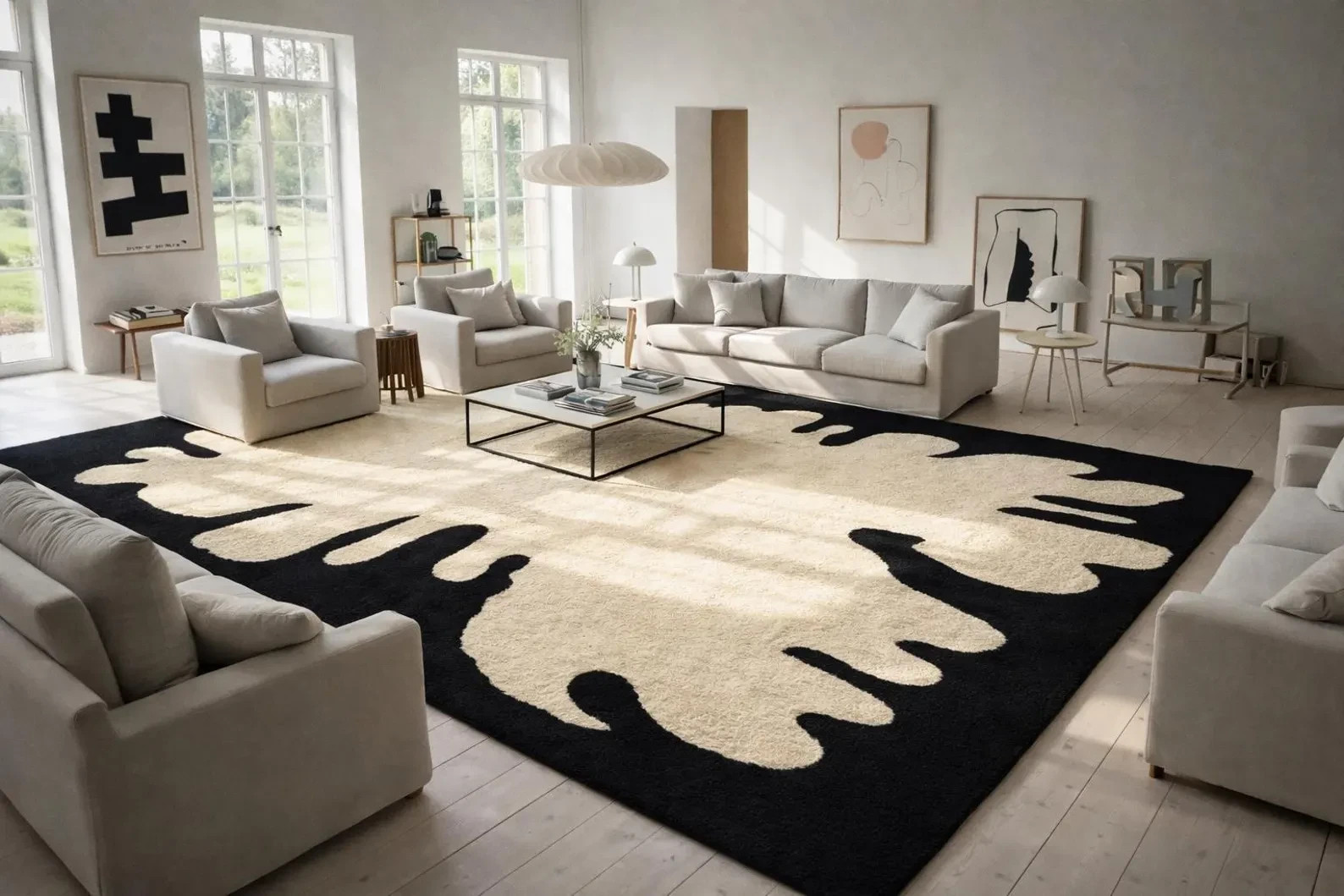Handmade Tufted Wool Area Rug | Abstract Organic Cream & Black Carpet