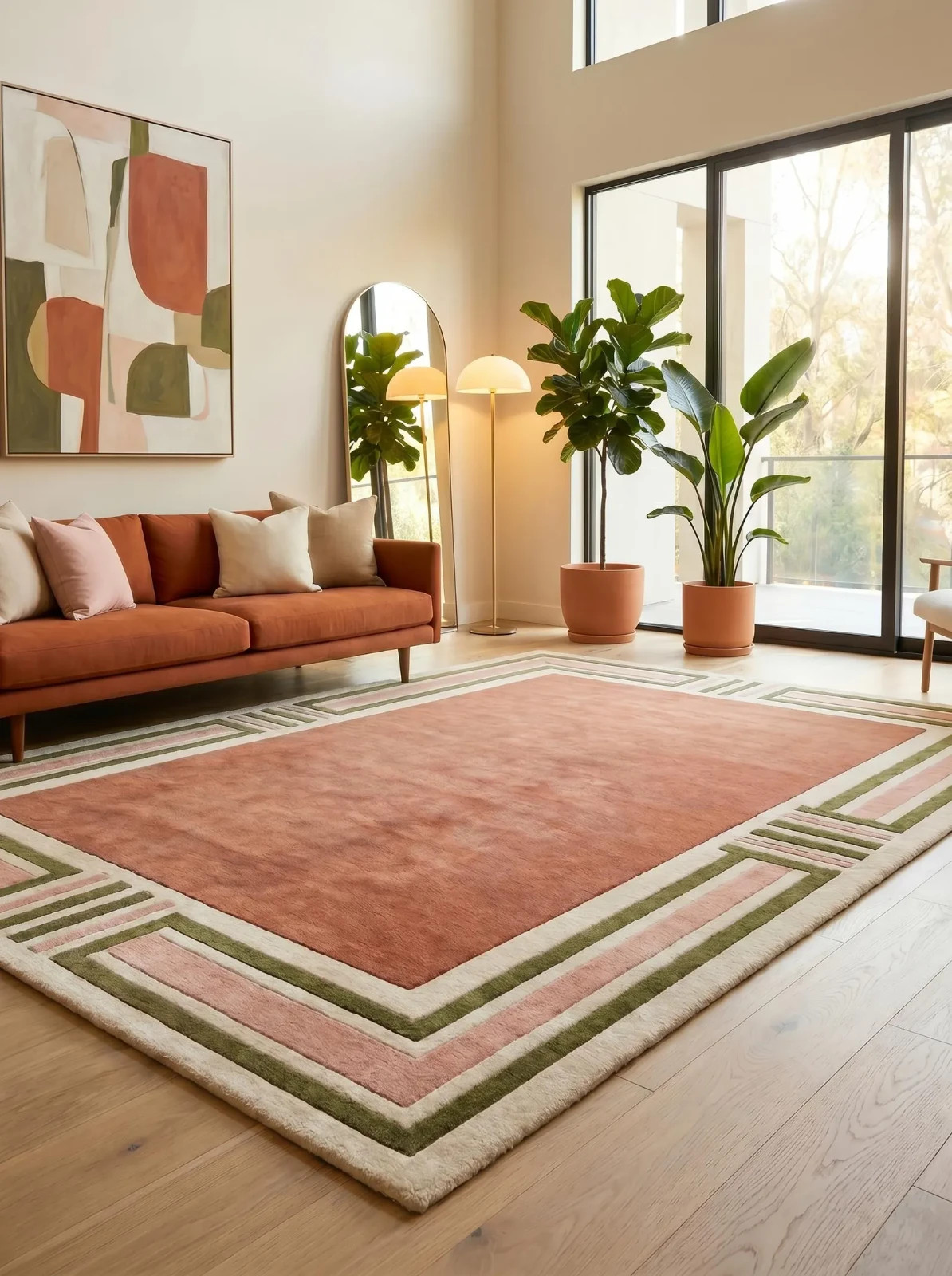 Hand Tufted Wool Rug 9×12 Large Modern Geometric Border Rug, Terracotta Area Rug