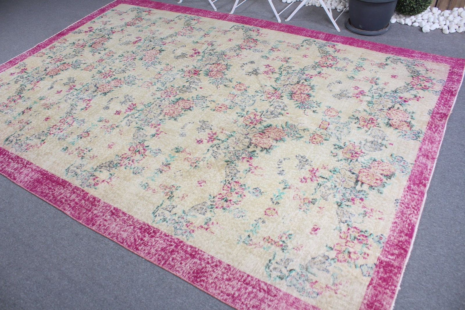 Turkish Vintage Rug, 6,9×9,7 ft Rug, Pink White Oriental Rug