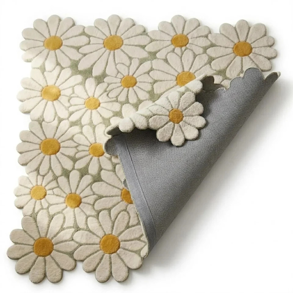 Hand Tufted Daisy Flower Wool Rug- Floral Area Rug Organic Shaped Handmade Rug