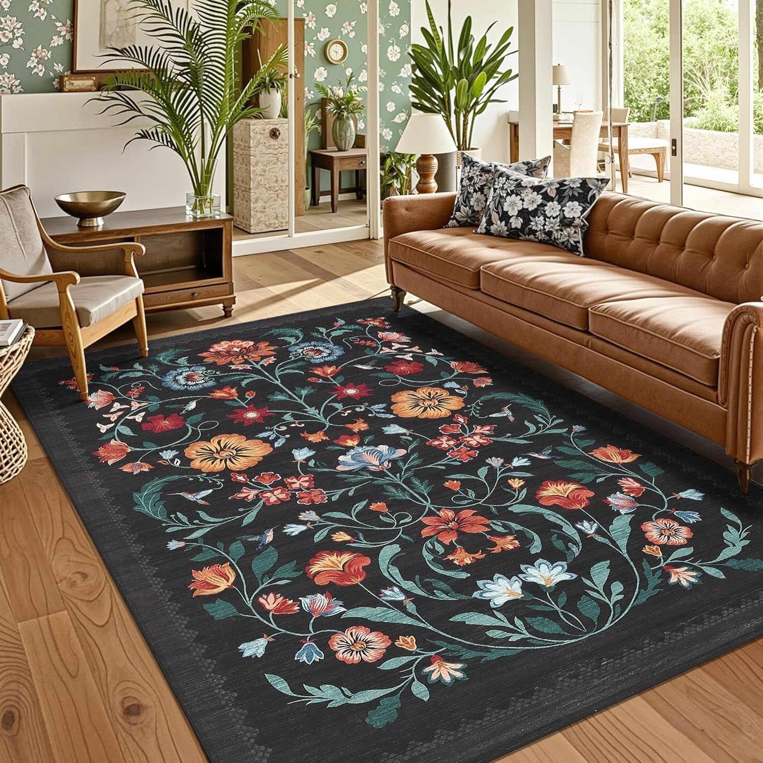 Boho Floral 8×10 Area Rug – Child & Pet-Friendly, Low Pile Washable Rug