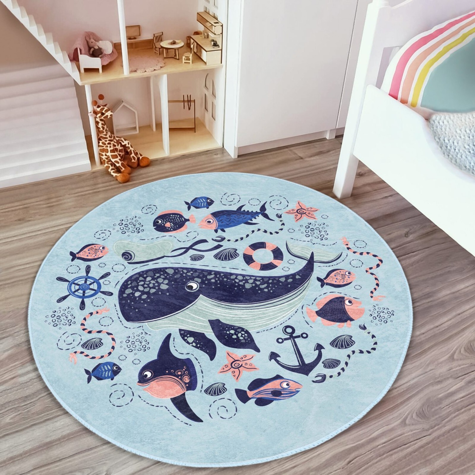 Blue Whale Ocean Animals Kids Room Washable Round Rug | Homeezone
