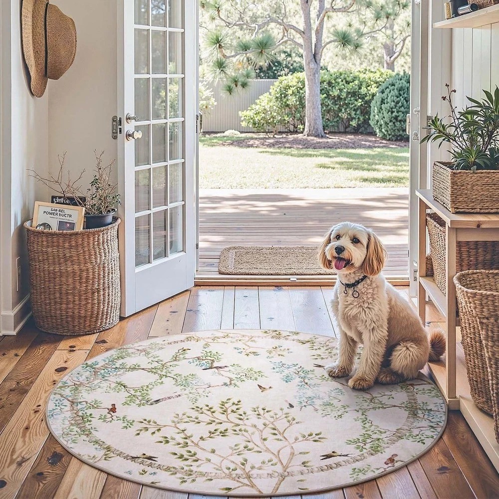 Round Rugs 4ft Ivory Botanical Birds Print Machine Washable 4′ Circle Nature …