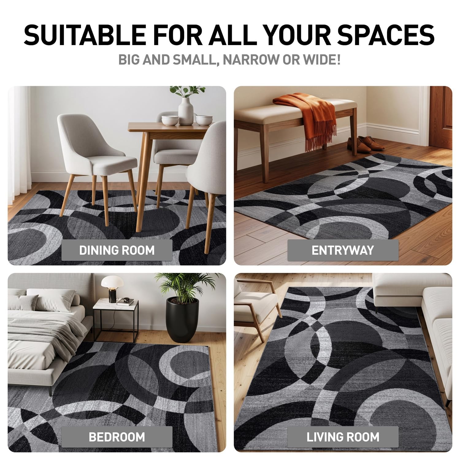 Abstract Circles Contemporary High Traffic Area Rug Gray 2′ x 3′