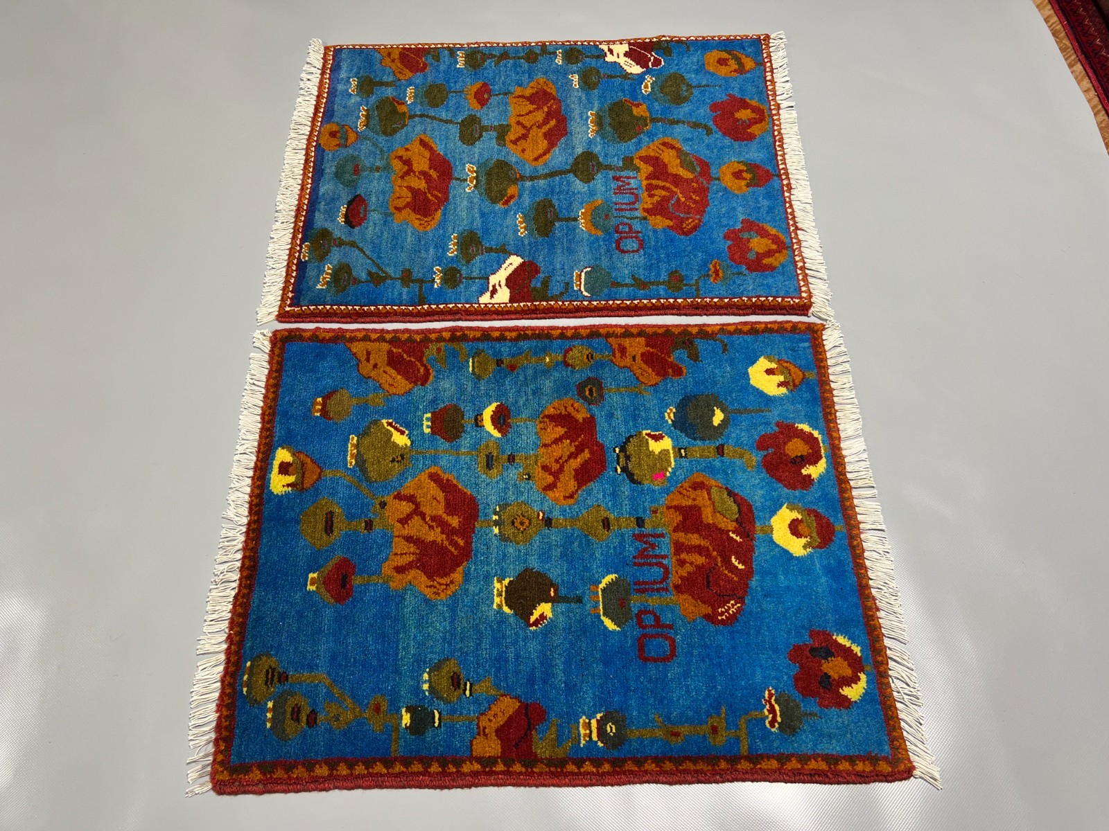2×2 Set of 2 Afghan Blue Poppy Rugs Handmade Wool Opium Flower Tribal Accent