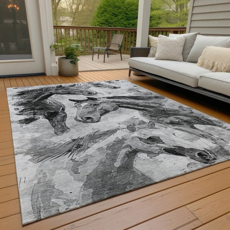 Large Running Horses Print Area Rug Western Rustic Farmhouse Accent Grey Carpet