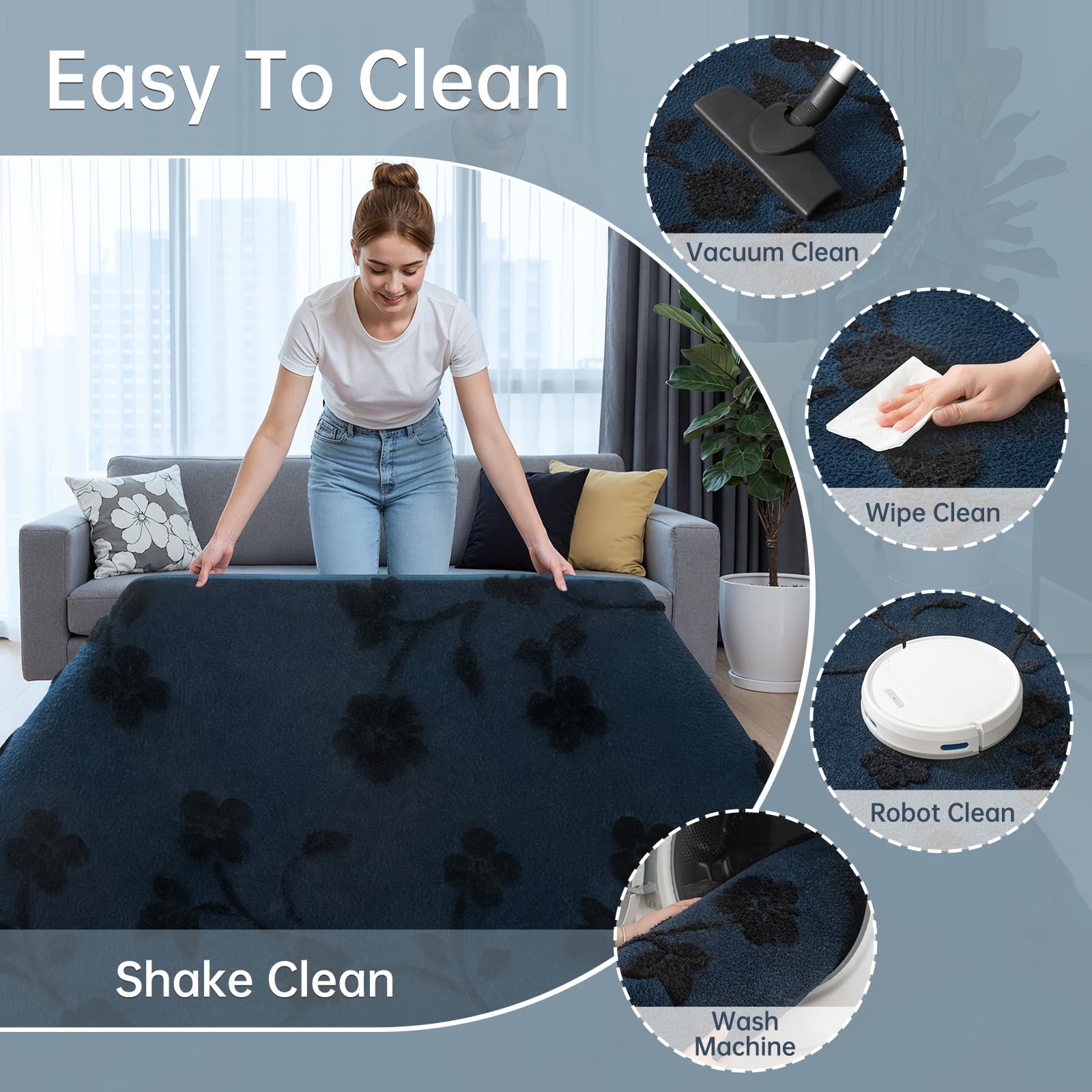 Maxsoft 4×6 Navy Blue Floral Area Rugs Modern Minimalist Thickened | Washable…