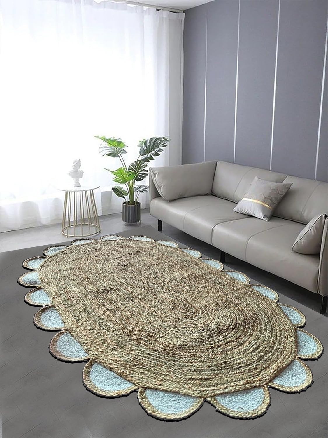 Oval Rug Jute Natural Farmhouse Runner Rustic Braided Modern Carpet Beige+white