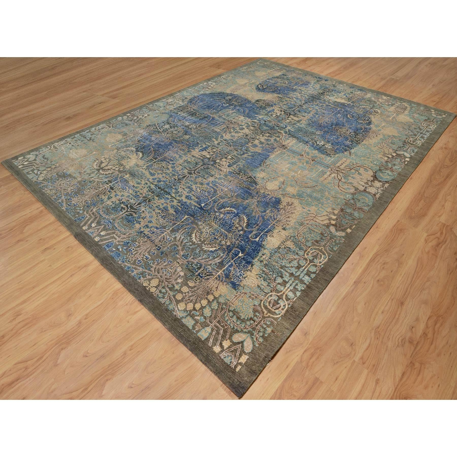 8’10″x12’1″ Brown Wool and Silk Erased Sarouk Design Hand Knotted Rug R91165